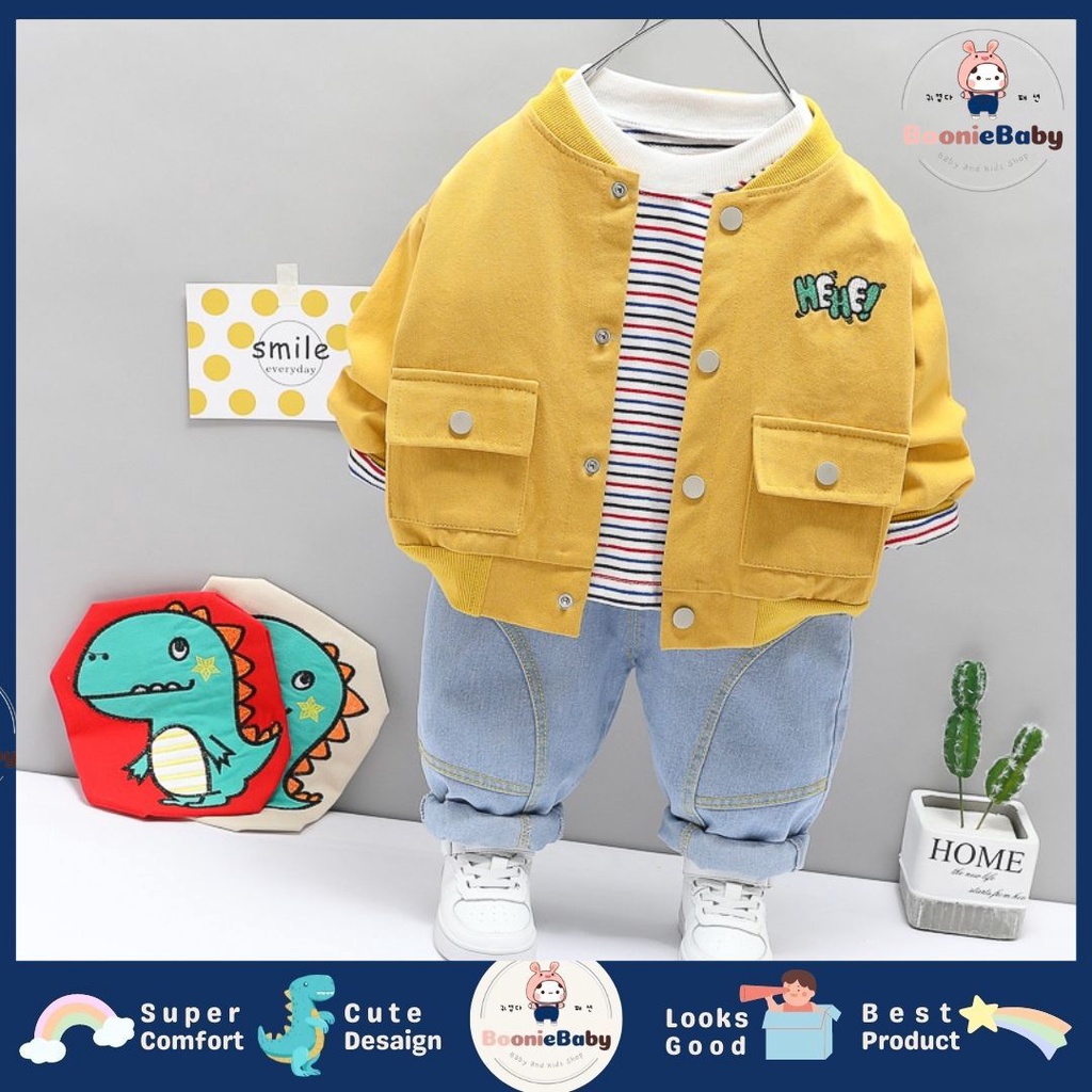 boonie SET HEY YOU DINO EBV Setelan 3in1 Kemeja Bayi anak Laki-laki import Lengan panjang Berkualitas