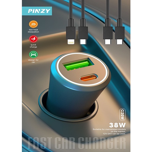 Car Charger / Saver Mobil PINZY c20w pd38w Free Kabel USB C To C