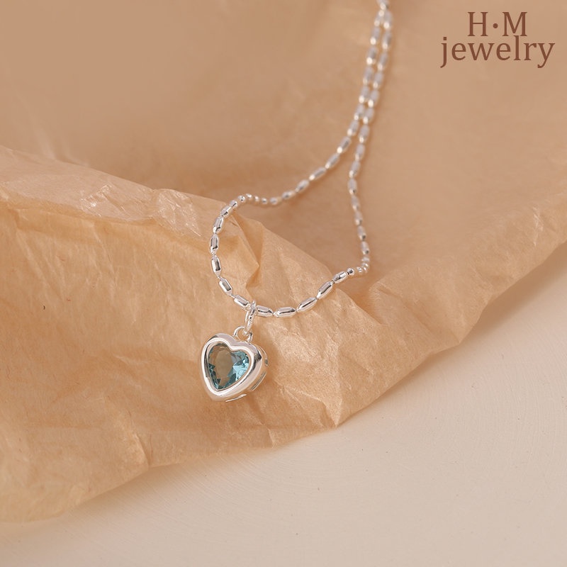 Kalung Rantai Liontin Hati Hias Kristal Zircon AAA Warna Biru Untuk Wanita 2022