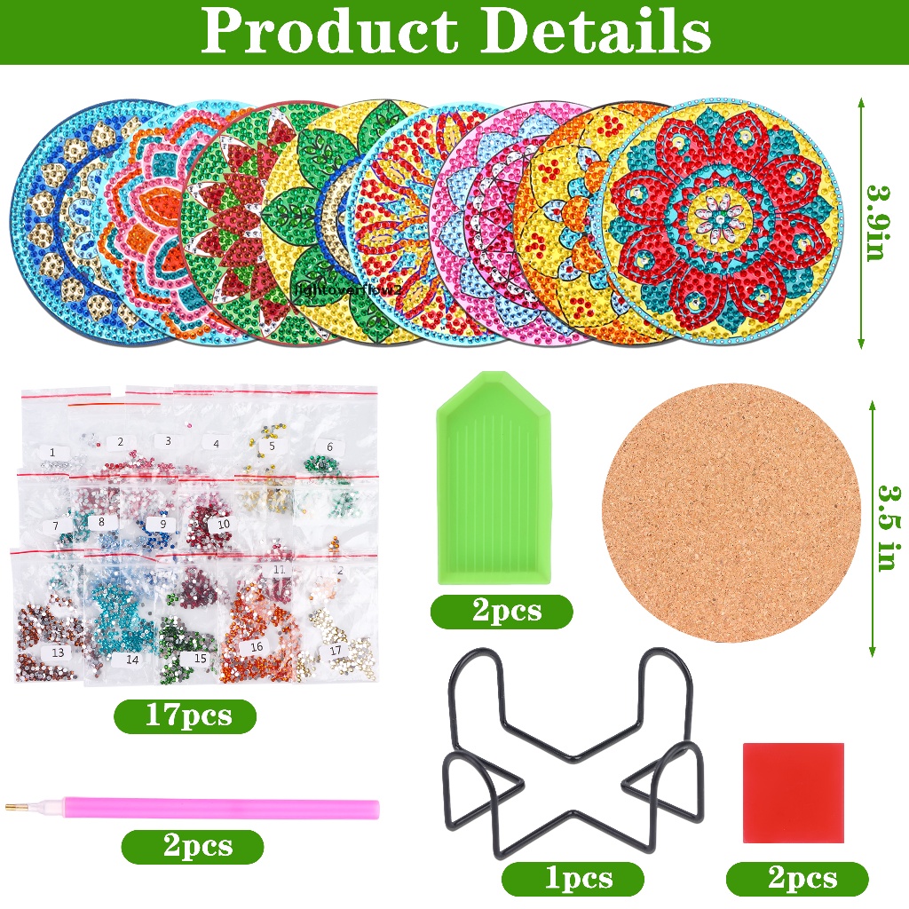 (lightoverflow2) 8 Pcs Coaster / Tatakan Gelas Motif Mandala Aksen Berlian Untuk Dekorasi DIY