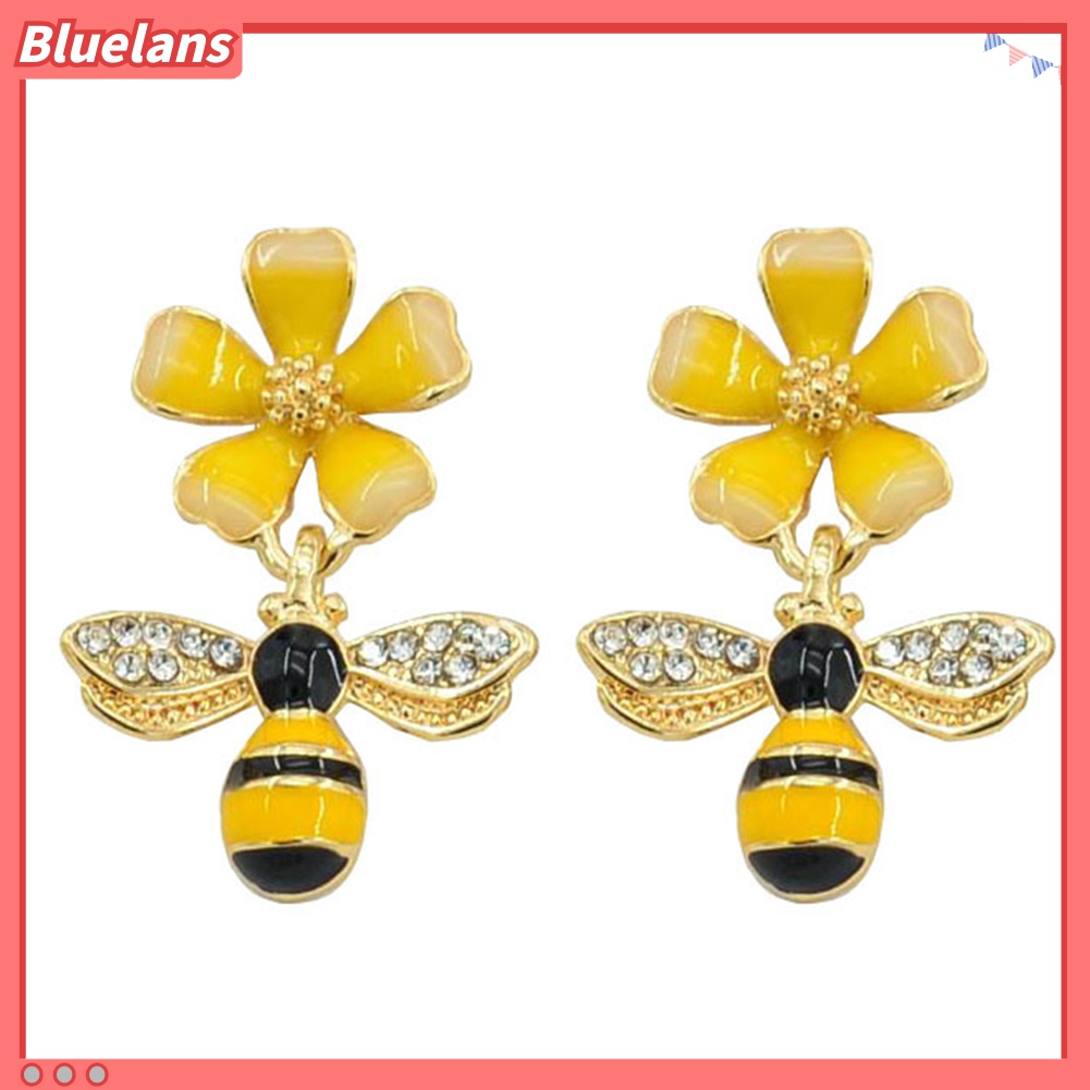 Anting Drop Enamel Berlian Imitasi Bentuk Bunga Lebah Untuk Wanita