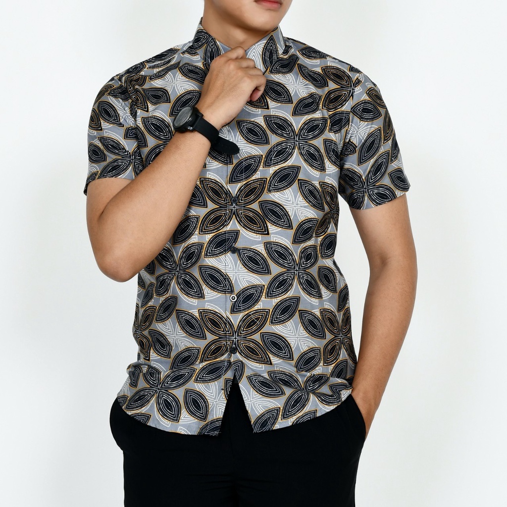 New Premium Baju Kemeja Batik Pria Slimfit Lengan Pendek 1859 Abu