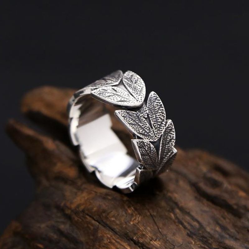 Cincin Model Terbuka Dapat Disesuaikan Motif Daun Gaya retro Eropa Amerika Untuk Pria