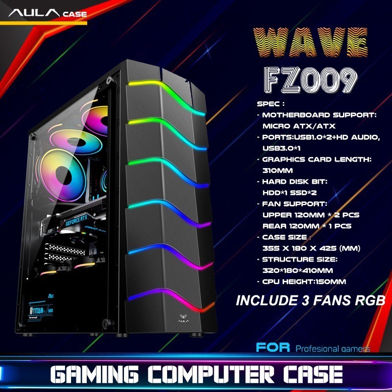 Casing PC Gaming AULA FZ009 ATX include 3 Fan RGB - Casing AULA FZ 009