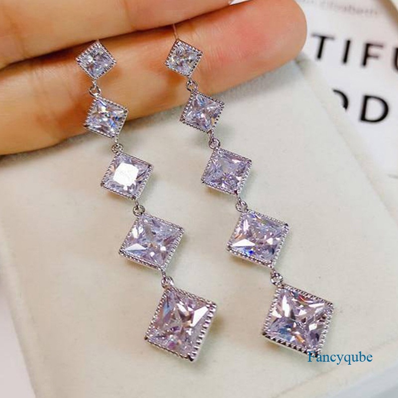 Fancyqube Anting Panjang Model Gantung Bentuk Persegi Aksen Kristal Kubik Zirconia Untuk Wanita