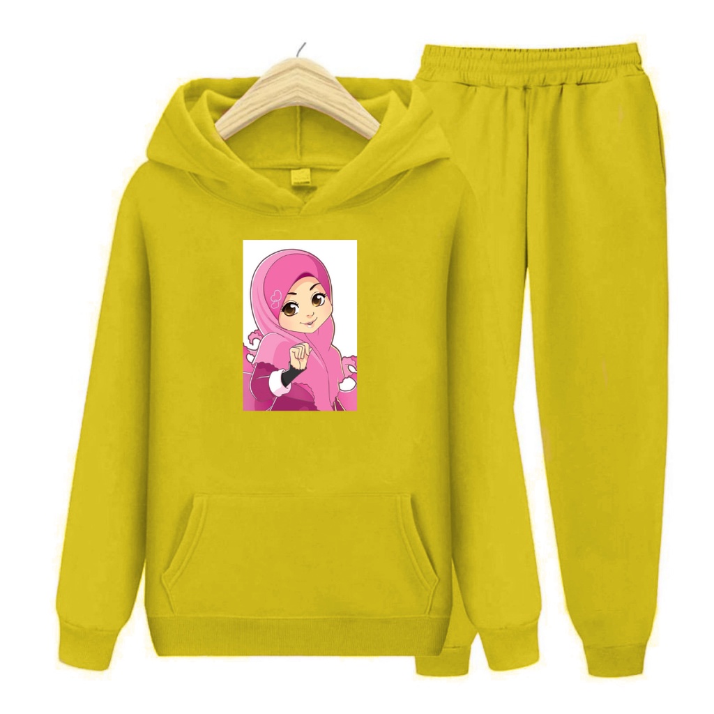 Setelan Anak Hijab Pink Kartun Sweater Hoodie Size S, M , XL, XXL