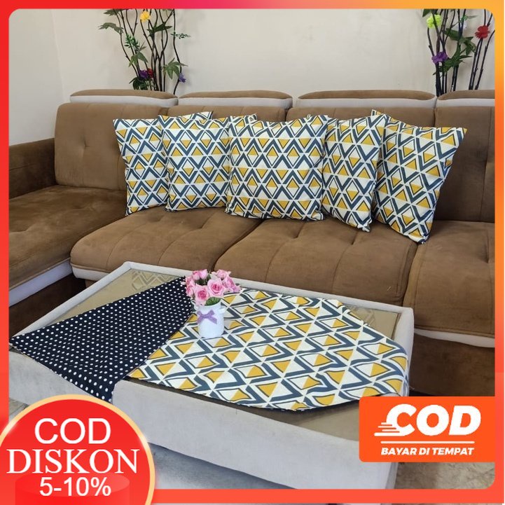 COD PAKET SARUNG BANTAL KURSI SOFA SET 5 PCS 40x40 DAN TAPLAK MEJA TAMU PREMIUM MEWAH ANEKA MOTIF DA
