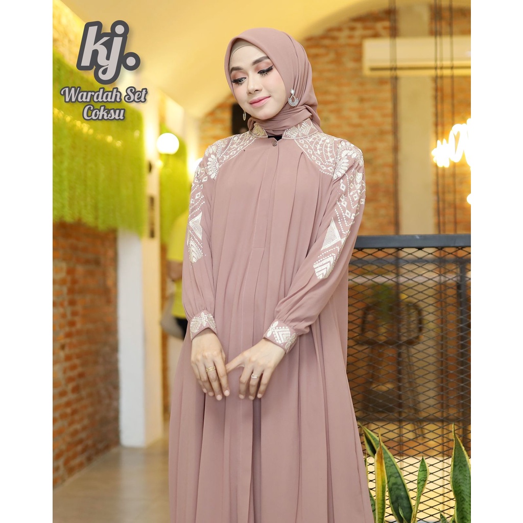 Gamis Dress Set Hijab Kerudung Maxy Ceruty Babydoll Bordir Payet Swarosky Premium Full Puring Renda 
