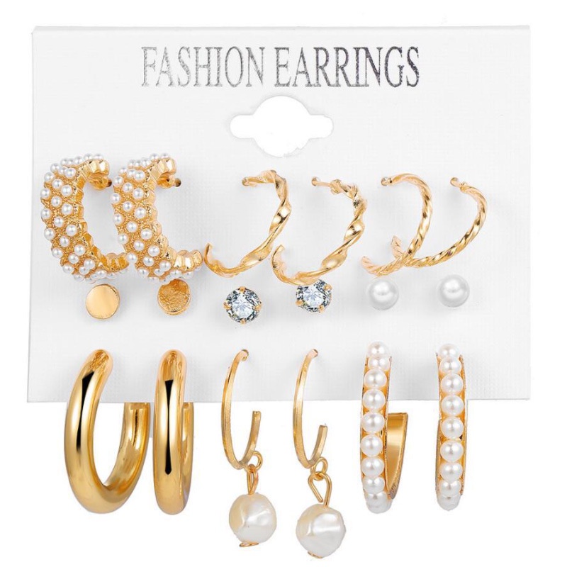 Anting 9-Piece Earrings Set Eropa Amerika Hias Mutiara Wanita Anting Variasi Opsional Kreatif Perancis Retro Emas Beberapa