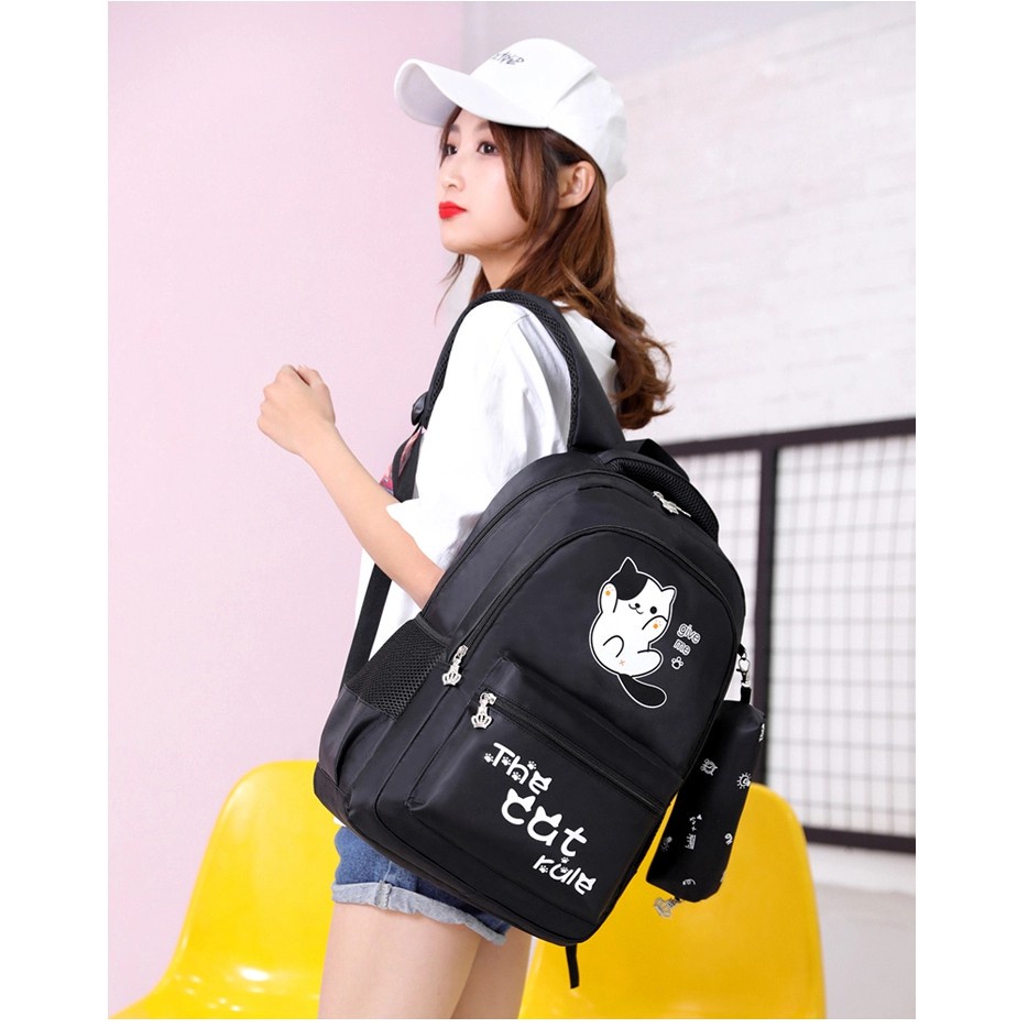 KS - Tas Ransel Anak Sekolah Perempuan Remaja Korean Style Motif The Cat Tas Anak Sekolah Paud Tk Sd Smp