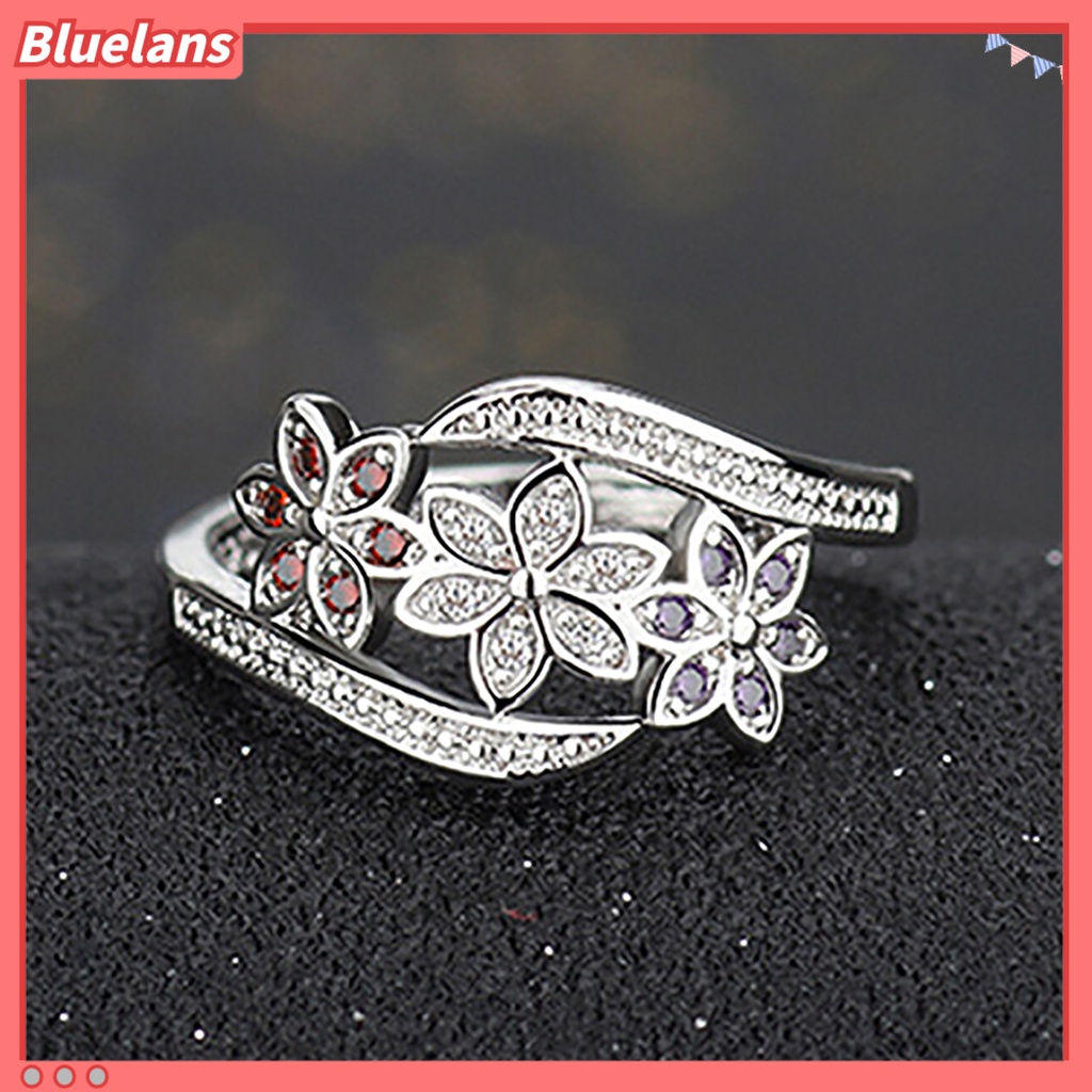 Bluelans Ring Silver Plated Flowers Design Cubic Zirconia Inlaid Shiny Fashion Women Ring