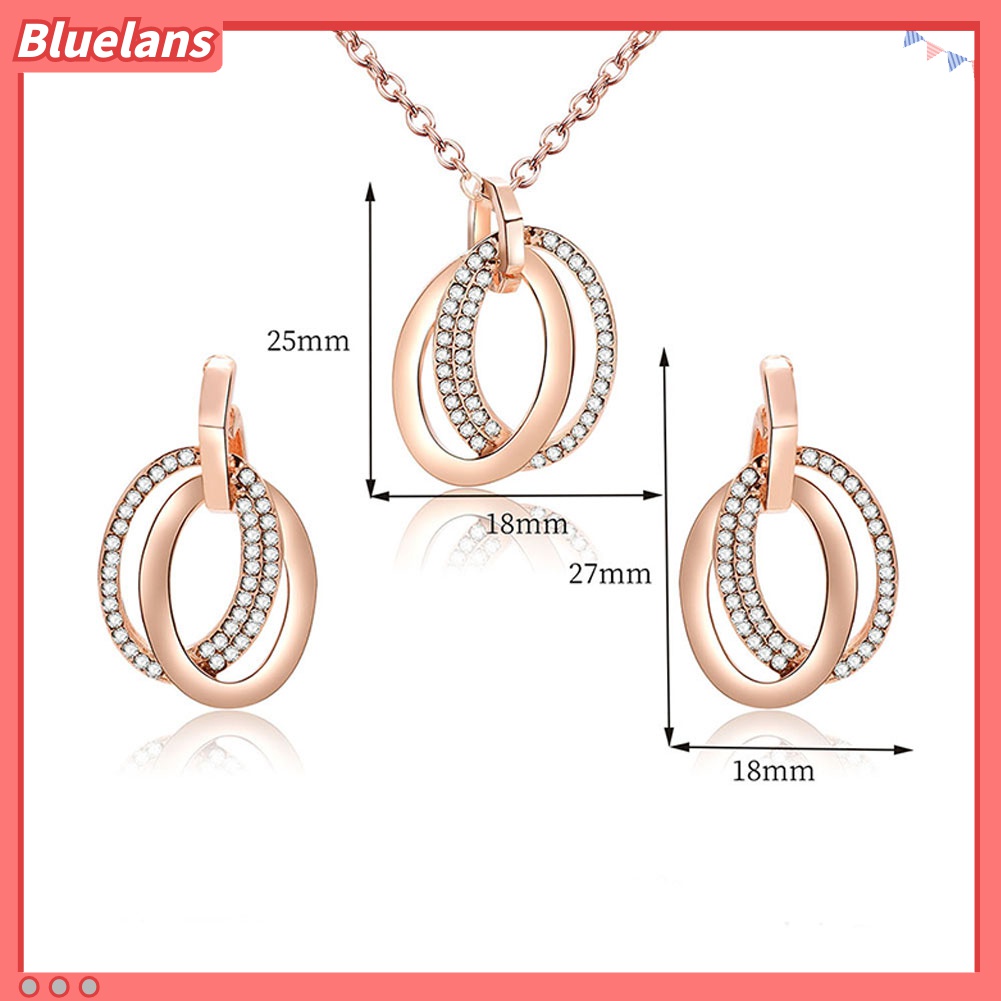 Set Perhiasan Kalung Anting Cincin Oval Ganda Hollow Aksen Berlian Imitasi Untuk Pernikahan