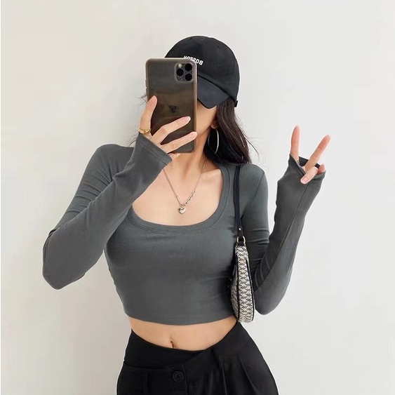 Long Sleeve Crop Top Wanita Lengan Panjang 1532 (S-XL)