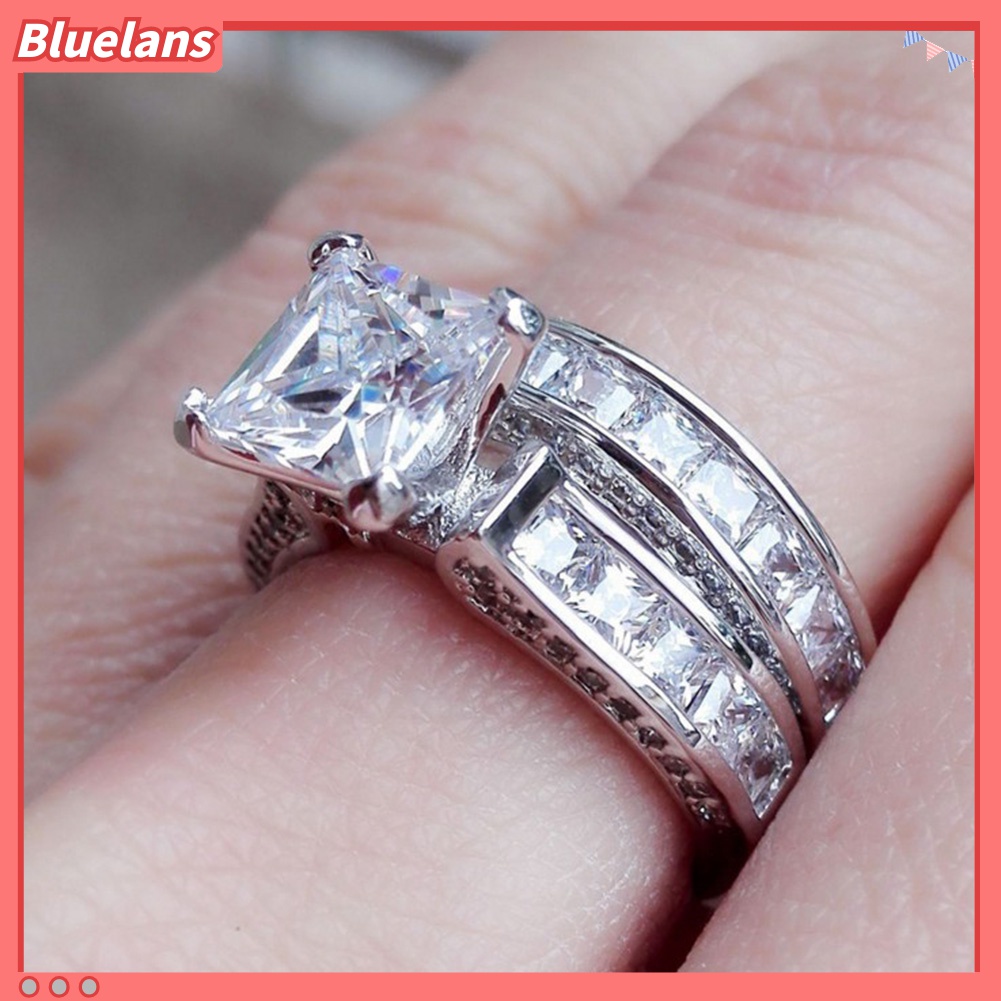 2pcs / Set Cincin Berlian Imitasi Hias Glitter Kubik Zirkonia Untuk Wanita
