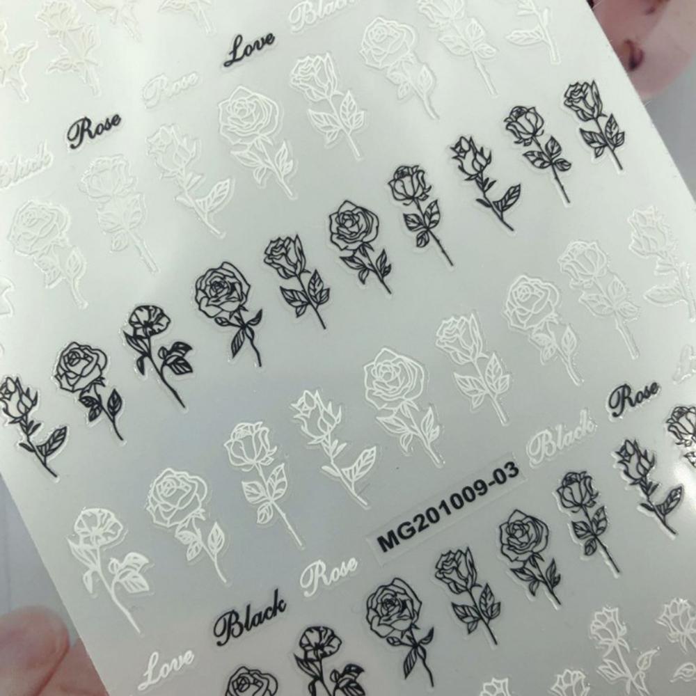 AUGUSTINA Agustina Rose Print Nails Sticker Emas Laser Bunga Mawar Putih Perekat Diri Hitam Nail Art Stickers