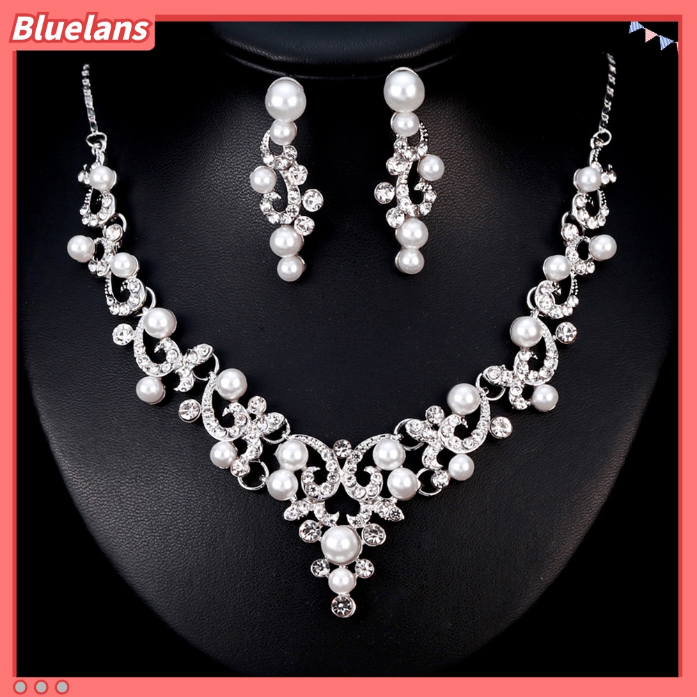 Bluelans Fashion Alloy Rhinestone Faux Pearl Necklace Earrings Women Bride Jewelry Set