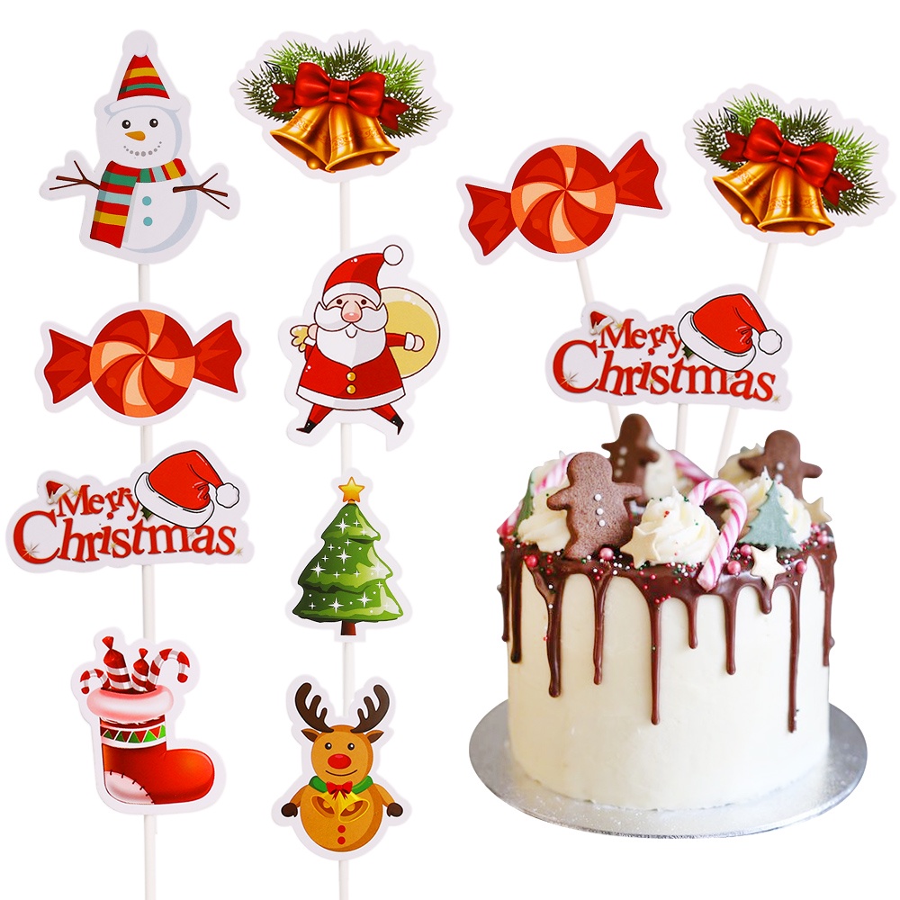 24pcs / Pak Topper Cupcake Desain Topi Santa Claus / Rusa / Kaos Kaki / Snowman / Pohon Natal / Permen Dapat Dilepas