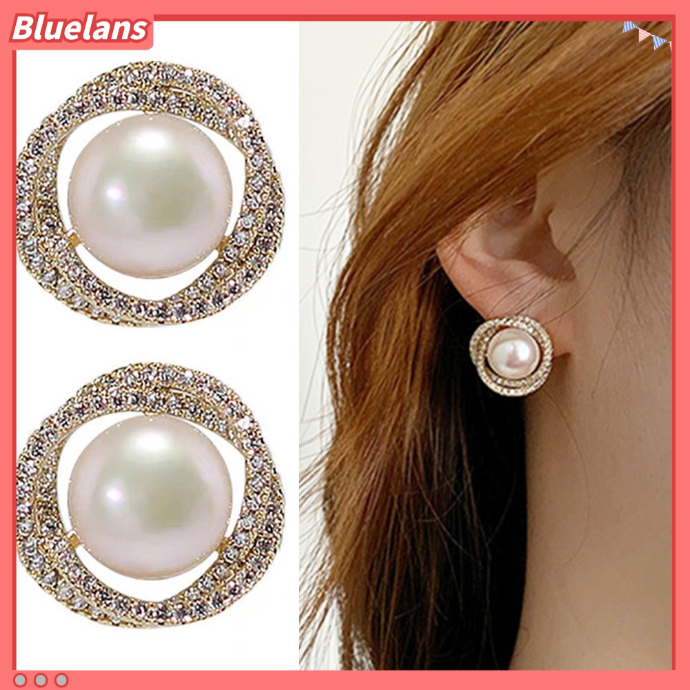 Anting Stud Silver Plated Bentuk Bulat Aksen Mutiara Tiruan Untuk Wanita