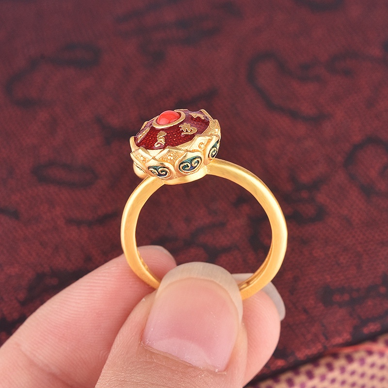 Goldkingdom Perhiasan Fashion 24K Bangkok Aksesoris Ready Stock Cincin Yang Dapat Disesuaikan Dengan Enam Karakter Jingyan Buatan Tangan Enamel Berwarna Membakar Transshipment Biru