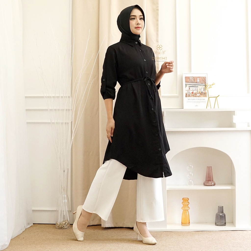 Baju Kemeja Long Tunik Muslim Putih Polos Lengan Panjang Wanita Bahan Import Rayon Premium