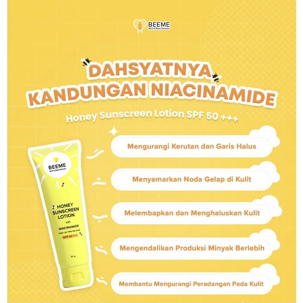 Beeme Honey Sunscreen Lotion With Niacinamide SPF 50 +++ / Sunblock Pelindung Tabir Surya Anti Matahari Bayi Anak Dewasa