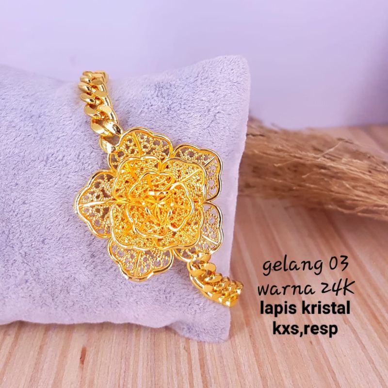 Gelang lapis kristal warna emas 24k, warna lebih awet