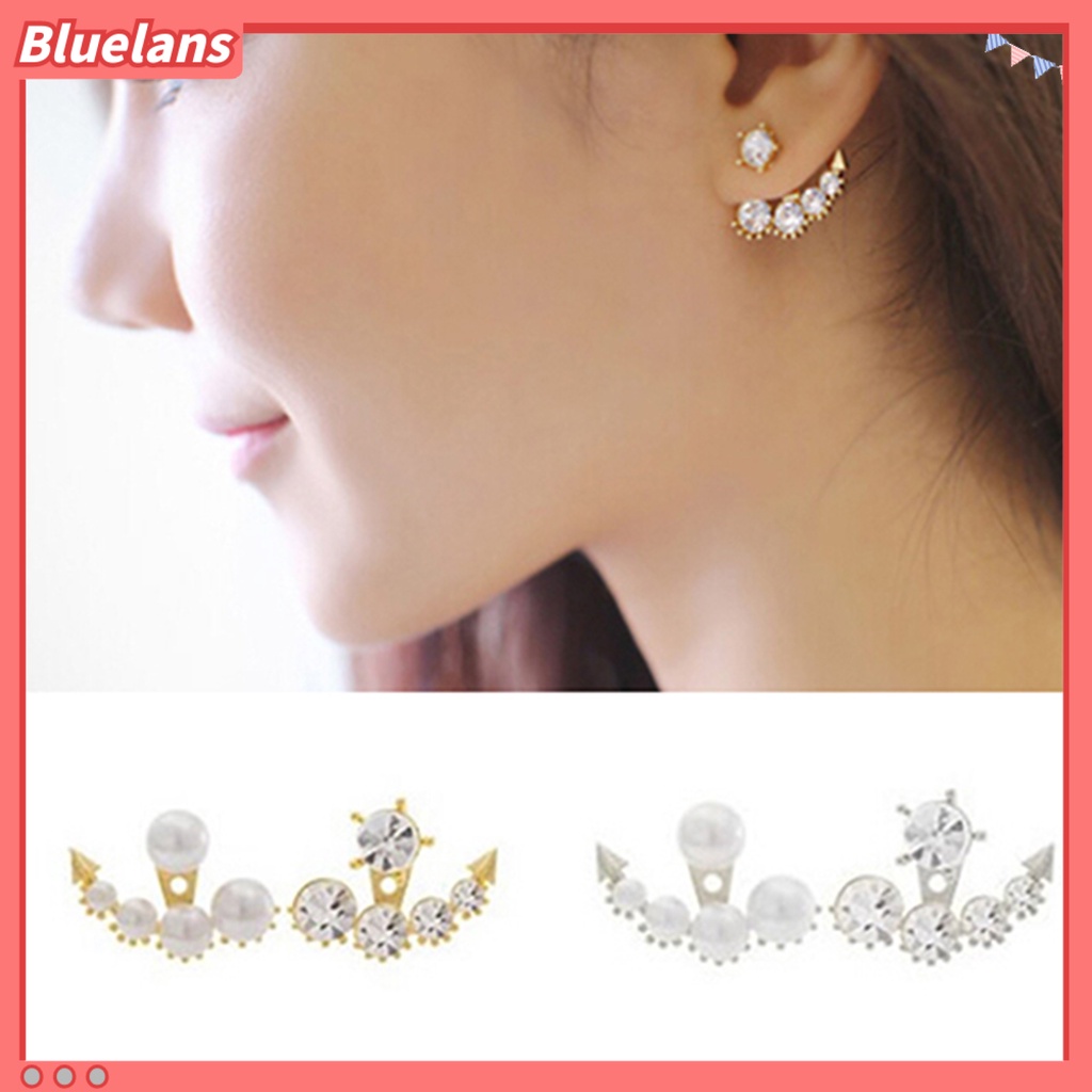 Bluelans Ear Stud Asymmetric Fashion Faux Pearl Ear Studs with Rhinestone for Women