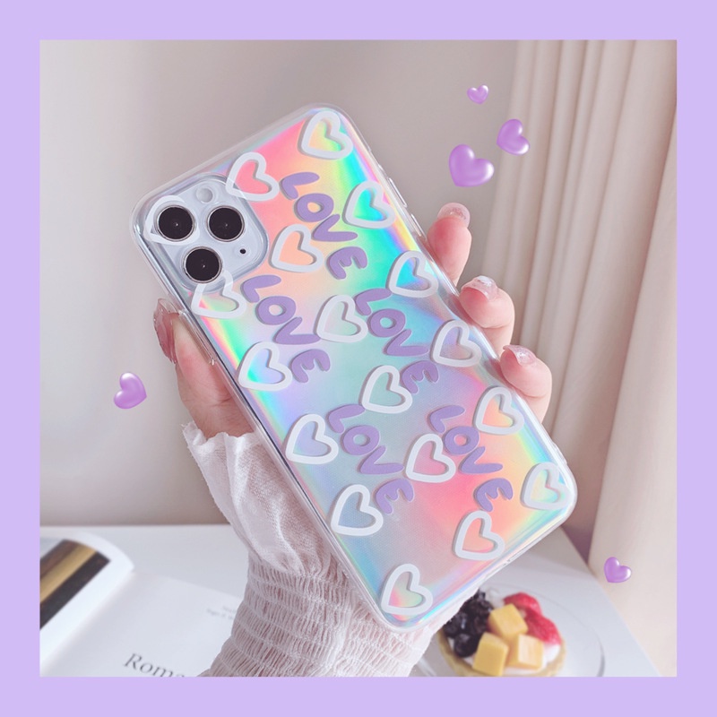 Soft Case Silikon Motif Hati Warna Ungu Laser Untuk Iphone 14 7 8 Se 2020 7 + 8PLUS XS XR 11 12 Mini 13 PRO MAX