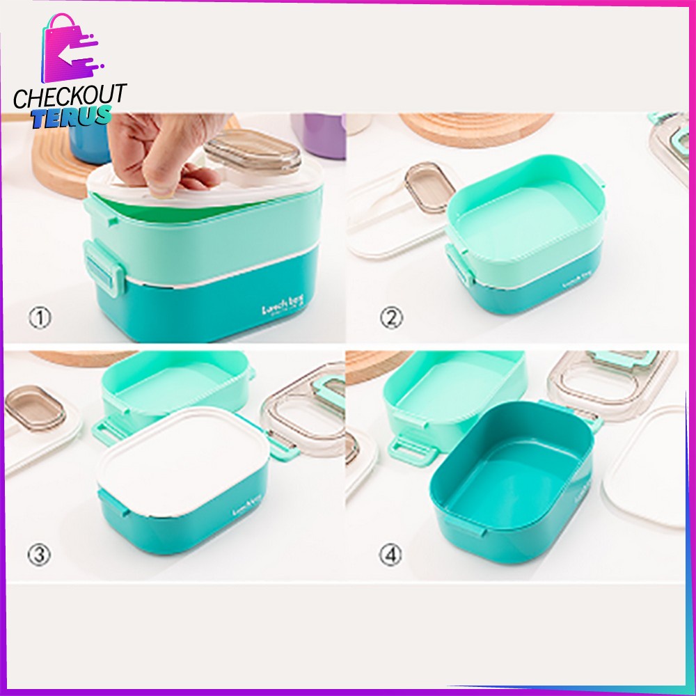 CT C696 Tempat Makan Set 2 Tingkat Anti Tumpah Dengan Pegangan Set BPA FREE Lunch Box Susun Free Sendok Portable