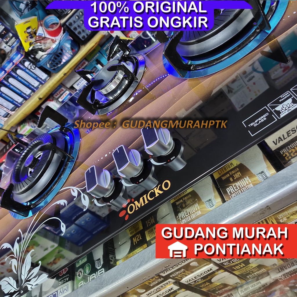 Kompor Gas Tanam OMICKO 3 tungku KT-013 KACA tempered glass  Mudah di bersih kan Bisa Di duduk kan di rak kompor atau di benam kan