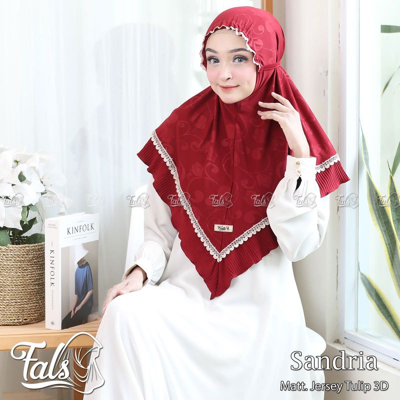 (Ori Fals) SANDRIA •jilbab instan jersey tulip 3D•bergo renda rempel