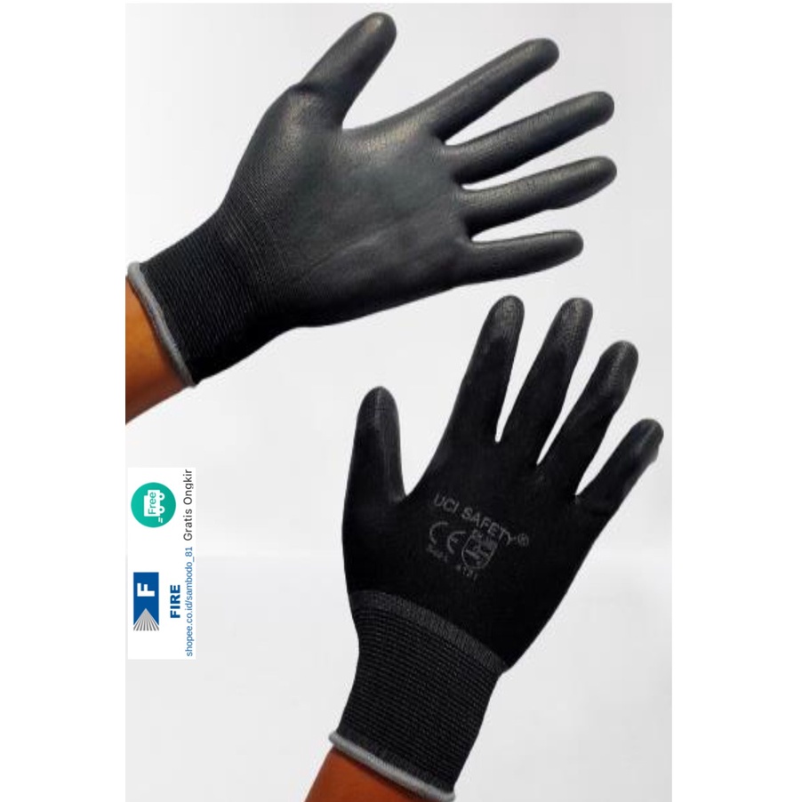 Sarung Tangan otomotif Bagunan Coating Karet Pengaman kerja Packing PU Statis Multitask Karet Palm Fit Ukuran S,M, L, XL Proyek Satpam Anti Slip Hitam Black Hand Gloves Mekanik