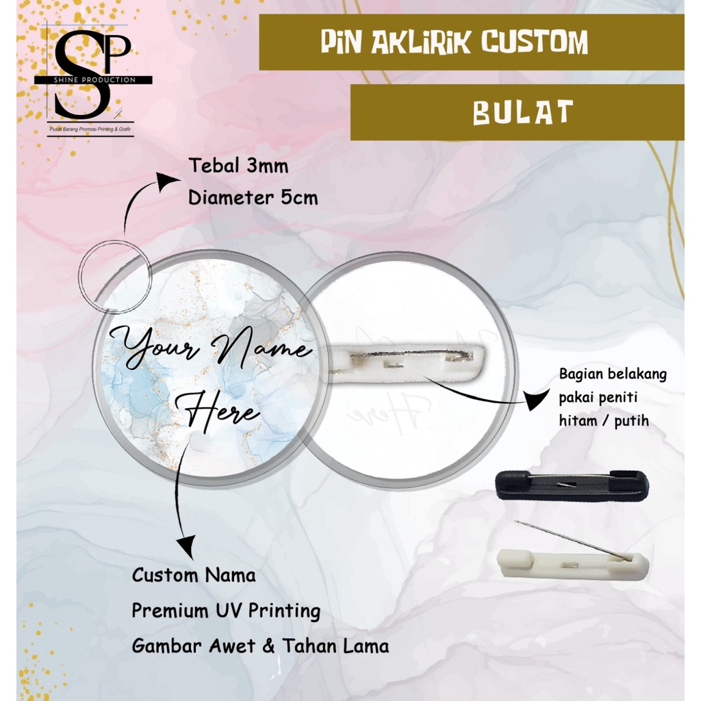 Pin Akrilik Custom Nama Marble Bentuk Bulat