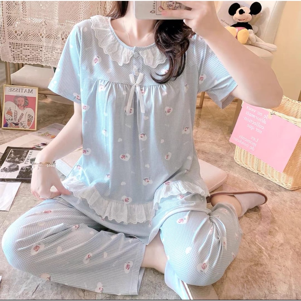 【 Bra Mall 】BM-330 BAJU TIDUR WANITA LENGAN PENDEK CELANA PANJANG PIYAMA IMPORT PAJAMAS