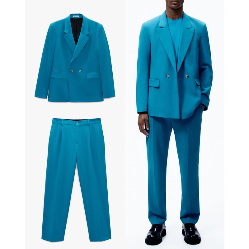 ZARA Men Double Breasted Suit Blazer Pleated Trousers Set Setelan Jas Pesta Wedding