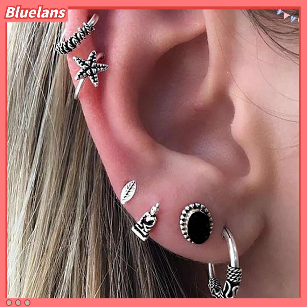 6pcs / Set Anting Stud Klip Desain Bintang Daun Bahan Alloy Gaya Bohemian Untuk Wanita
