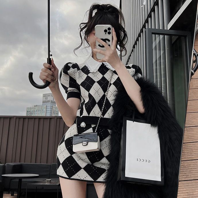 Kerah boneka lengan pendek rajutan top wanita tas pinggang tinggi rok pinggul musim panas baru wewan