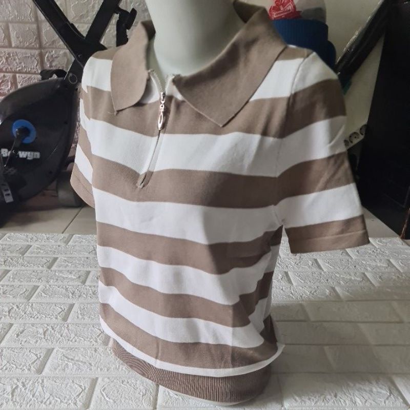 Atasan/Kaos kerah wanita import Giant basic New garis bahan rajut premium