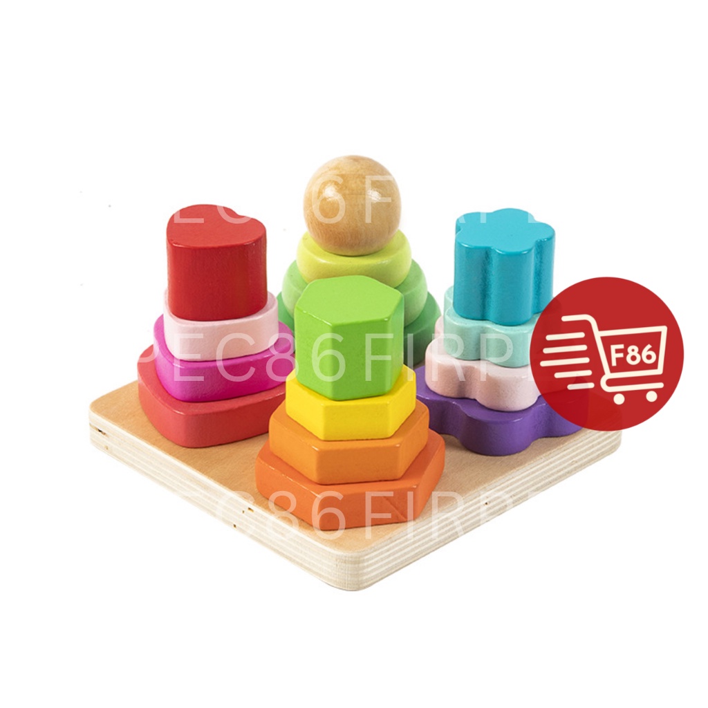 Mainan Anak Edukasi Murah Bentuk Four Column Tower Edu Wooden Toys Menara Pu