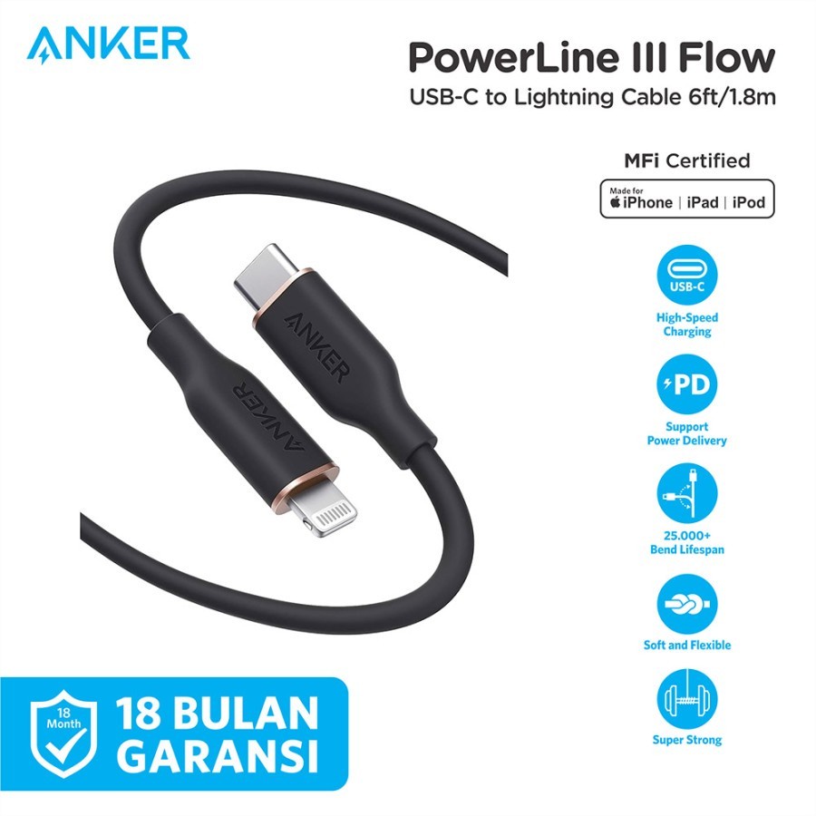 Kabel Charger Anker PowerLine Flow USB-C to Lightning Cable 6ft A8663