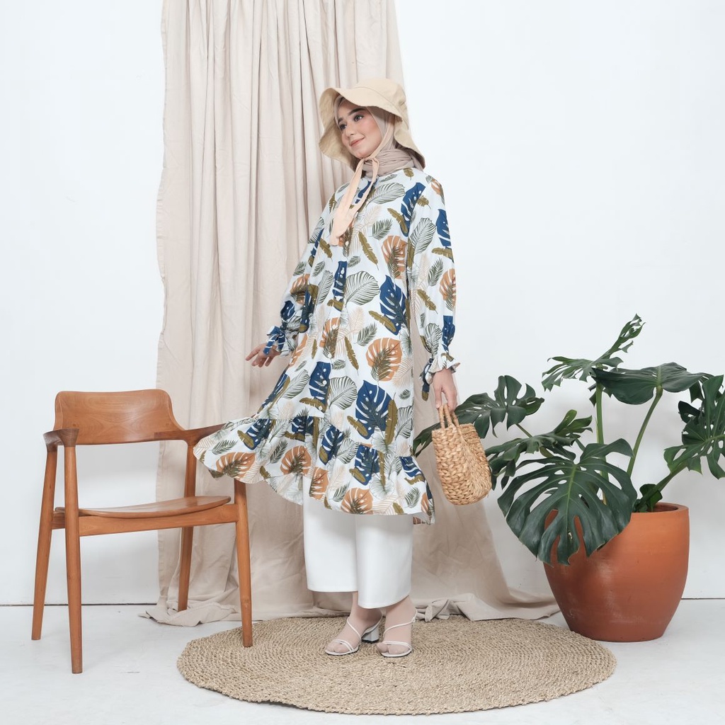 OUTER TROPICAL PANTAI BAHAN RAYON BAJU PANTAI DRESS MOTIF BUNGA MIDI DRESS BERMOTIF