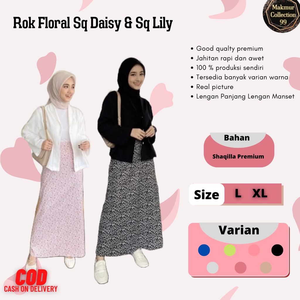 Rok Wanita Span Panjang Korea Style Bahan Shaqilla Sq Daisy &amp; Sq Lily Motif Bunga Model Kekinian