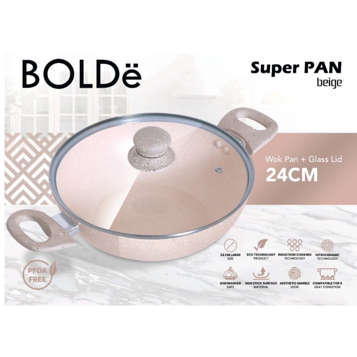 BOLDe Super Pan Granite Panci 2 Ear Wok 24 cm + Tutup Kaca