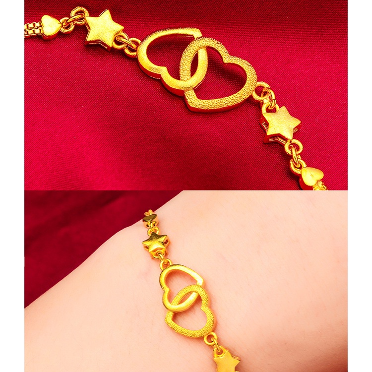 Goldkingdom Perhiasan Fashion Aksesoris Bangkok Emas Asli Kadar 375 Ready Stock Gelang Bintang Lima Wanita Cinta Ganda Baru Lucu Dan Serbaguna