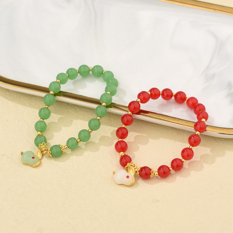 Gelang Manik-Manik Kristal Giok Elastis Liontin Kelinci Gaya China Vintage