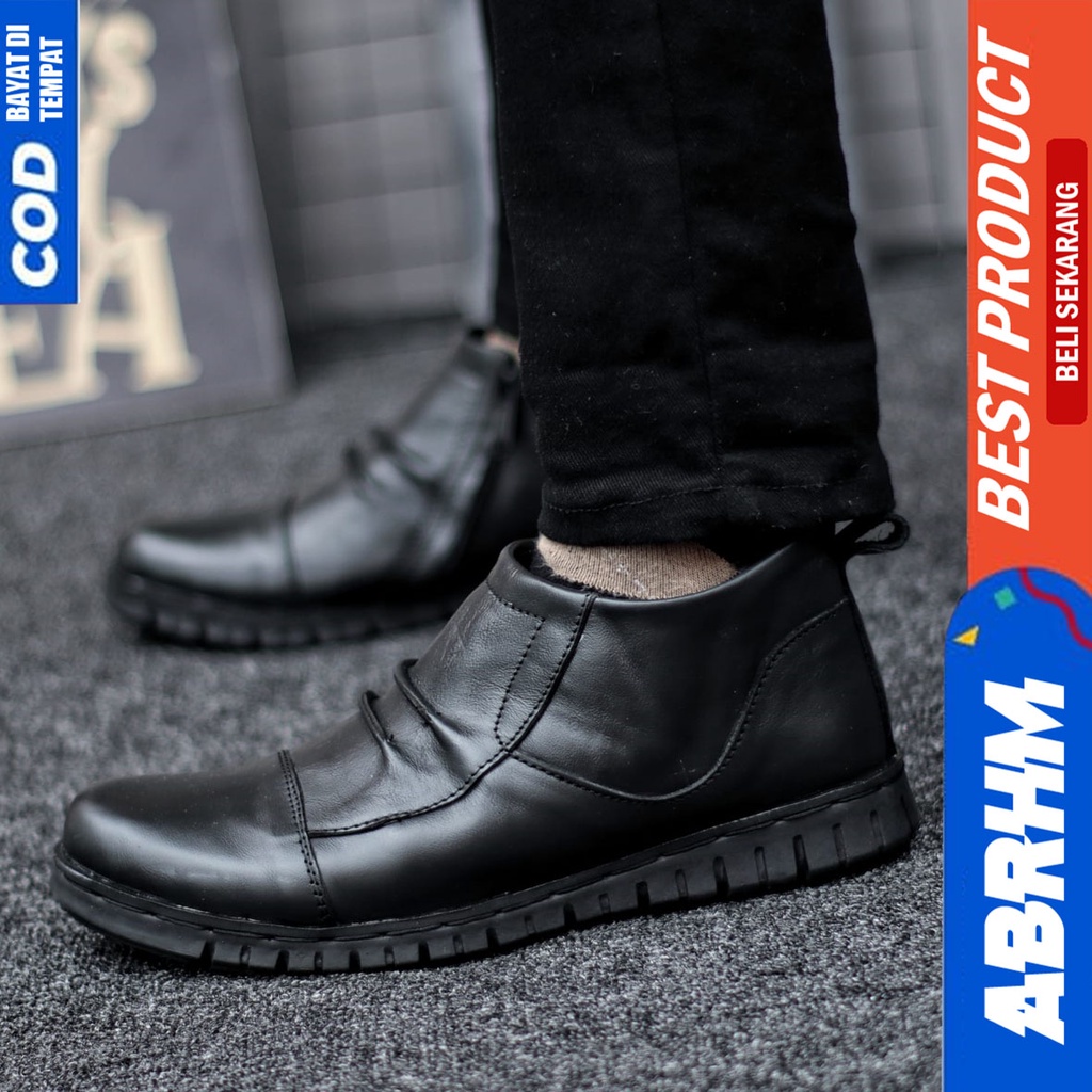 Sepatu Boots Pantofel Formal Kulit Asli Kerja Kantor Hitam Pria Abrhm Estem