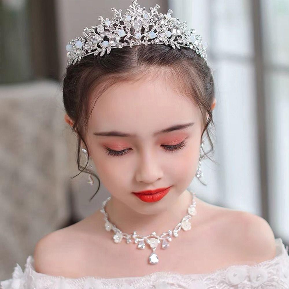 NEEDWAY Needway Set Perhiasan Pernikahan Pengantin Elegan Bergaya Shiny Bunga Menjuntai Anting Perhiasan Fashion Berlian Imitasi Kristal Mahkota