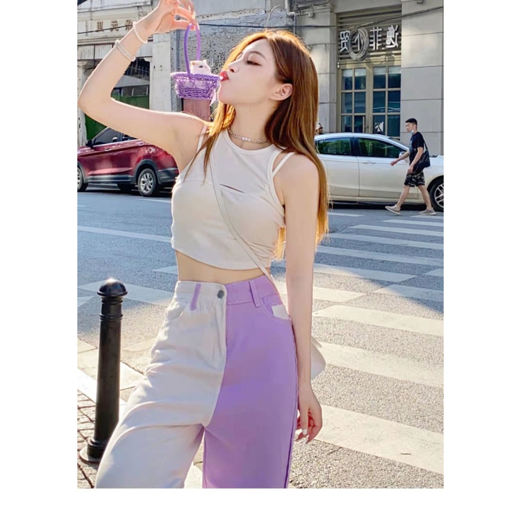 American high street hot girl ungu dan putih musim panas jahitan desain jins celana ceruk wanita sem