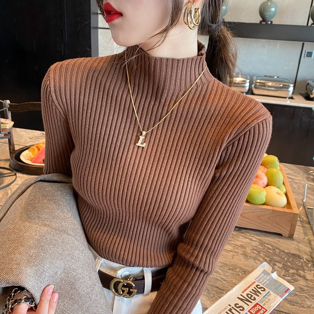 ATASAN WANITA RAJUT LENGAN PANJANG TURTLE NECK BASIC CASUAL TOP KOREA LOOKS IMPORT