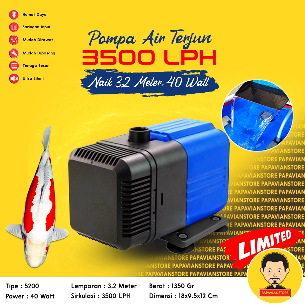 Pompa Mesin Air Celup Filter Kolam Ikan Koi Low Watt Aquarium Tank Submersible Hidroponik Hydroponic Water Pump Waterfall Air Terjun Hias - 4000 4500 5000 LPH Liter Per Jam 3 Meter Rendah Daya Ketinggian 3m Setara Merk Sunsun P018